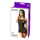 Black lace strapless mini dress lingerie packaging by Be Savage, showcasing a model in a seductive pose.