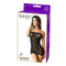 Black lace strapless mini dress lingerie packaging by Be Savage, showcasing a model in a seductive pose.