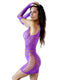Lacy mini dress and arm warmer in vibrant purple, featuring intricate designs and a form-fitting silhouette.