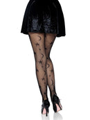 Leg Avenue Celestial Fishnet Tights One Size Black worn with a velvet skirt and heels, featuring stars and moons.