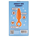 Emojibator Cheeky Vibrating Butt Plug packaging showcasing 10 vibration patterns and waterproof features.