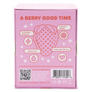 Emojibator Strawberry Suction Vibrator packaging showing features like waterproof, 8 vibration patterns, and body-safe silicone.