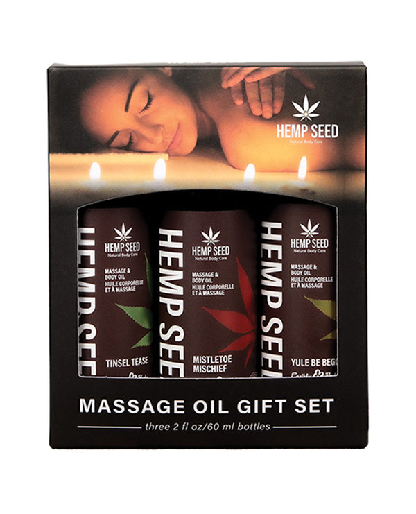 Earthly Body Holiday Massage Oil Gift Set 2 Oz featuring three festive massage oils in a gift box.