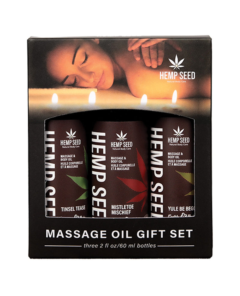 Earthly Body Holiday Massage Oil Gift Set 2 Oz featuring three festive massage oils in a gift box.