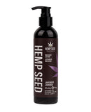 Earthly Body Hemp Seed Massage Lotion 8 Oz Lavender bottle on a white background for soothing massages.