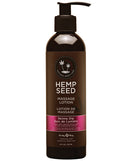 Earthly Body Hemp Seed Massage Lotion 8 Oz Skinny Dip bottle with pump, designed for luxurious massages.