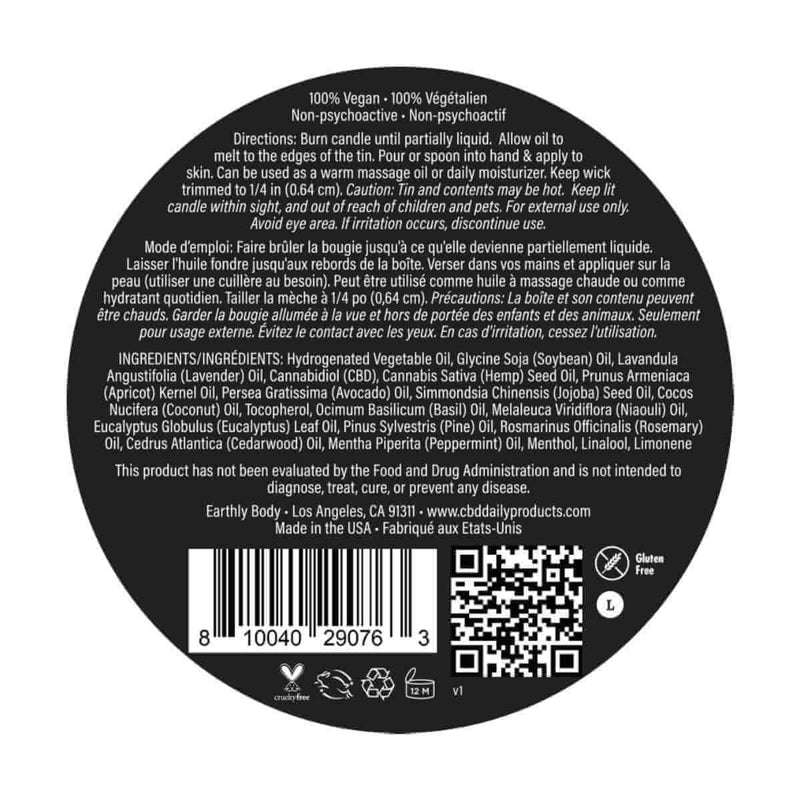 Label of CBD Daily Lavender 3 in 1 Massage Candle from Earthly Body, detailing use and ingredients.