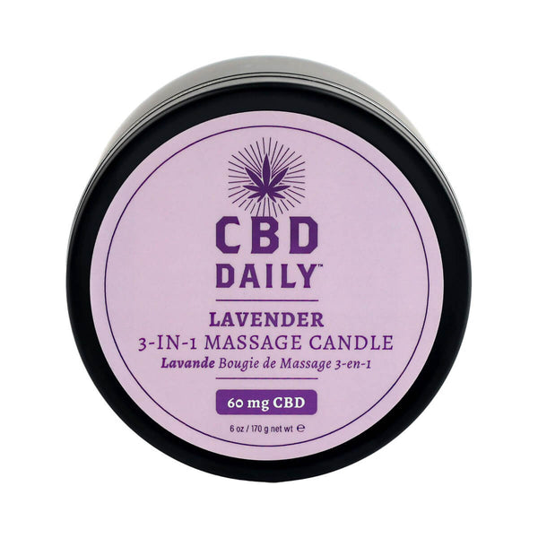 CBD Daily Lavender 3 In 1 Massage Candle, 6 oz, infused with 60 mg CBD for moisturizing and soothing benefits.