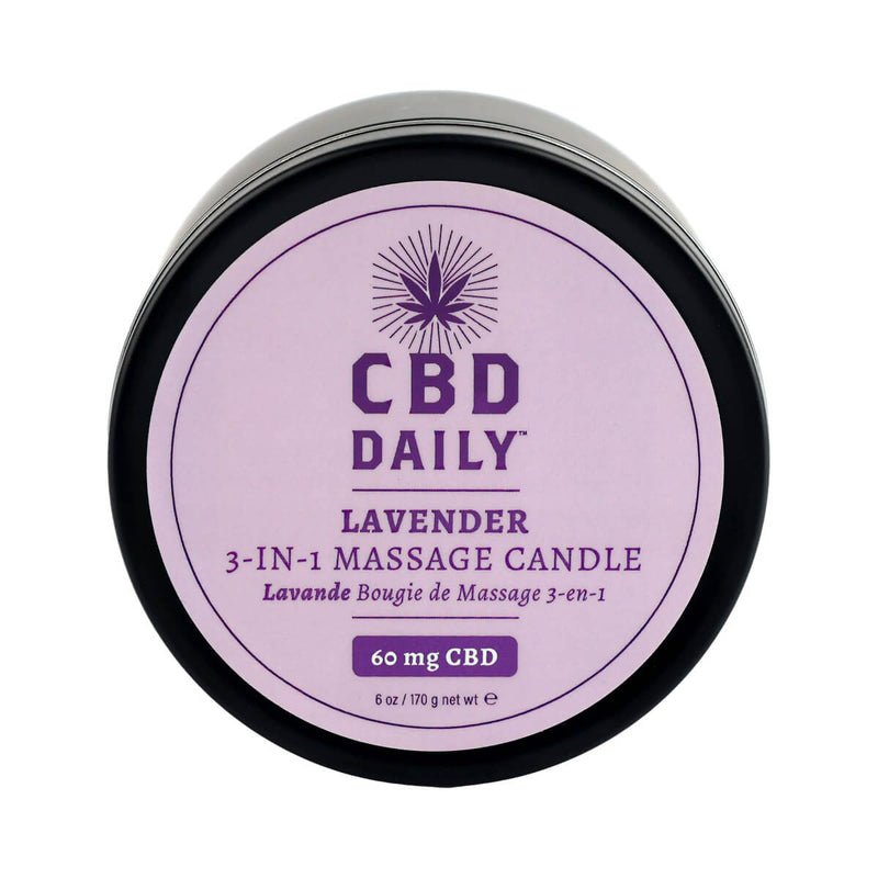 CBD Daily Lavender 3 In 1 Massage Candle, 6 oz, infused with 60 mg CBD for moisturizing and soothing benefits.