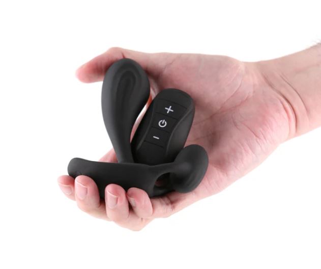 Renegade Echo Prostate Massager with Remote Control Black held in hand for sexual wellness.