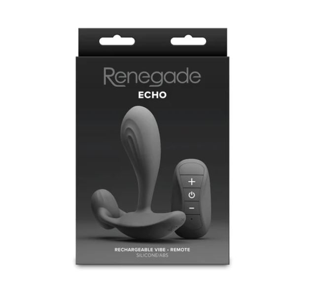Renegade Echo Prostate Massager with Remote Control Black packaging with product and remote.