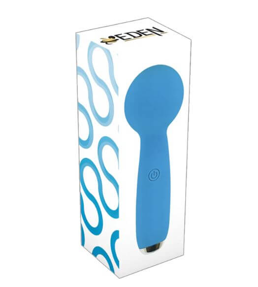 Petites Lil Exclaim Mini Wand Vibrator Blue in its stylish packaging against a bright background.