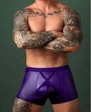 Male Power Eggplant Crossover Short Plum L shown on a muscular man with tattoos, featuring a sleek purple design.