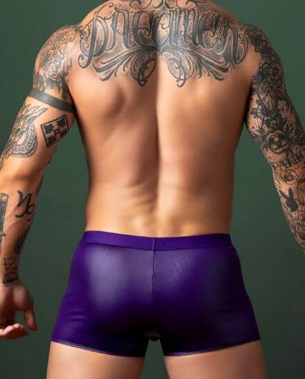 Male Power Eggplant Crossover Short Plum L on a model showcasing a sleek design and modern fit.