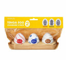 Tenga Egg No 2 Standard 3 Pack featuring three textured sleeves: Twister, Bouncy, and Silky for customizable pleasure.