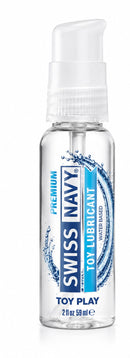 Swiss Navy Water Based Toy Lubricant 2 Oz bottle with a pump top for easy use and smooth application.