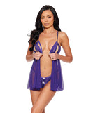 Flyaway Split Cup Baby Doll with Open Crotch Panty Purple worn by a model, showcasing the flirty design and rich purple shade.