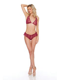 Wine Romance Halter Lace 2 Piece Set Wine M/L showcasing flirtatious elegance and delicate lace detailing.