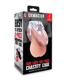 Lockmaster 3.5 Inch Side Lock See Thru Chastity Cage Clear packaging showcasing design and features.