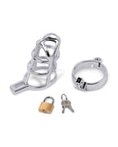 Lockmaster 3.75 Inch Stainless Steel Prisoner Cock Cage with padlock and keys for secure control.