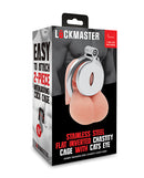 Lockmaster Inverted Chastity Cage with Cats Eye Silver packaging featuring a sleek design and sturdy stainless steel construction.