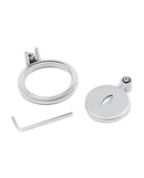 Lockmaster Inverted Chastity Cage with Cats Eye Silver components including a ring, closure, and key.