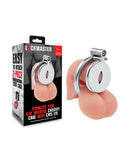 Lockmaster Inverted Chastity Cage with Cats Eye Silver displayed with packaging, featuring a polished steel finish.