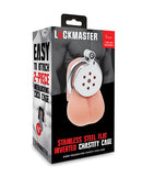 Lockmaster Stainless Steel Flat Inverted Chastity Cage packaging showcasing its discreet design and key.
