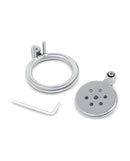 Lockmaster Stainless Steel Flat Inverted Chastity Cage components including ring and locking mechanism.