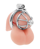 Lockmaster Inverted Micro Chastity Cage with Urethral Straw on a model, showcasing its compact and secure design.