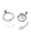 Lockmaster Inverted Micro Chastity Cage with Urethral Straw components including cage, ring, and urethral straw.