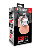Lockmaster Stainless Steel Inverted Micro Chastity Cage packaging featuring an easy-to-attach 2-piece design for restraint.