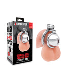 Lockmaster Stainless Steel Inverted Micro Chastity Cage with packaging, ideal for serious chastity play.