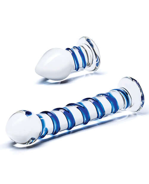 GLAS 2PC DOUPLE PENETRATION GLASS SWIRLY DILDO & BUTT PLUG SET-2