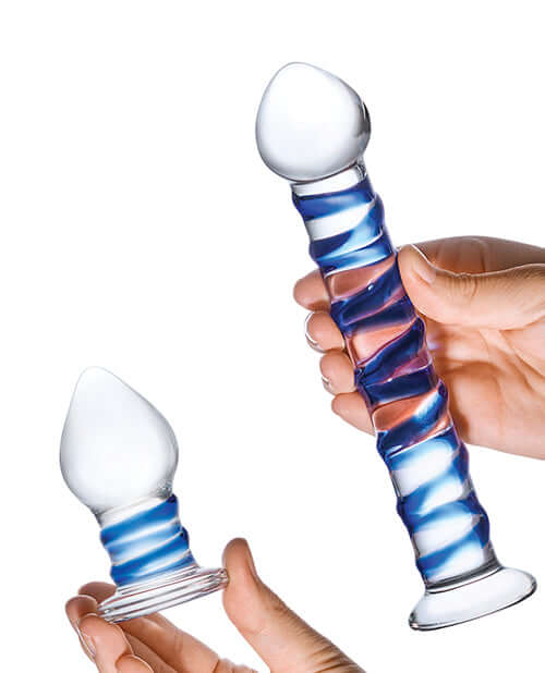 GLAS 2PC DOUPLE PENETRATION GLASS SWIRLY DILDO & BUTT PLUG SET-3