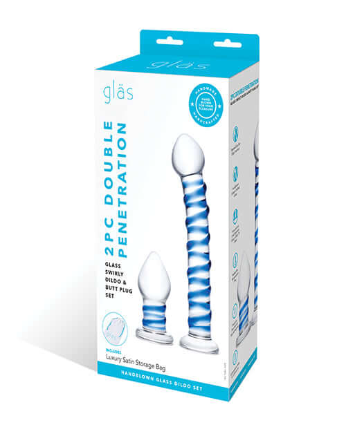 GLAS 2PC DOUPLE PENETRATION GLASS SWIRLY DILDO & BUTT PLUG SET-0