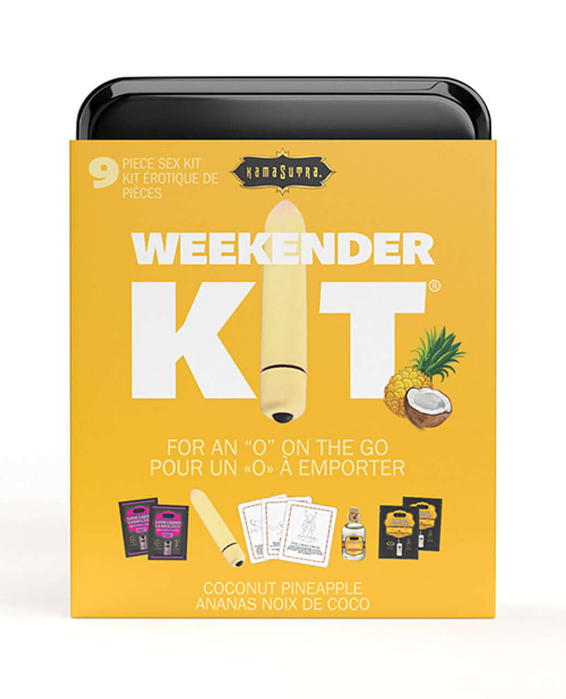 Kama Sutra Weekender Vibe Kit package with coconut pineapple theme, featuring mini bullet vibe and sensual essentials, yellow box design.