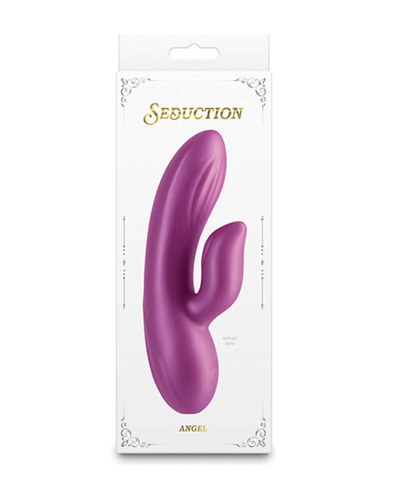 Seduction Angel Metallic Magenta Rabbit Vibrator in packaging with dual motors and flexible silicone design.