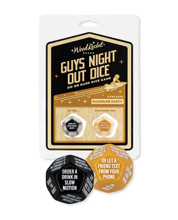 Guys Night Out Do or Dare Dice Bachelor Party Game packaging with two 12-sided dice displaying fun and exciting challenges.