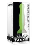 Evolved Luminous Anal Plug Large Green packaging showcasing a glow-in-the-dark butt plug in vivid green.