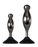 Evolved Joy Sticks 2 Piece Butt Plug Set Black Chrome showcasing two chrome-finished plugs with silicone bases.
