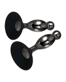 Evolved Joy Sticks 2 Piece Butt Plug Set Black Chrome showcasing sleek chrome and silicone design for enhanced pleasure.