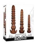 Evolved Twisted Love 3 Piece Butt Plug Set Gold featuring three graduated plugs with a twisted design.