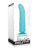 Evolved Love Large Suction Cup Dildo Blue in packaging showcasing realistic dual feel design.