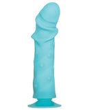 Evolved Love Large Suction Cup Dildo Blue with lifelike texture and suction cup base for hands-free use.