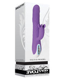Evolved Tilt O Whirl Dual Stim Rabbit Vibrator Purple in packaging, highlighting dual-action clitoral and internal stimulation.