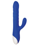 Evolved Grand Slam Thrusting Rabbit Vibrator Blue, featuring internal thrusting and clitoral stimulation, rechargeable and waterproof.