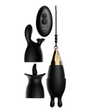 Evolved Egg Citement Rechargeable Bullet Black and Gold showing various silicone sleeves and remote control.