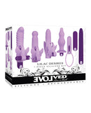 Evolved Lilac Desires Vibrator Purple 7 piece silicone kit featuring versatile interchangeable toys.