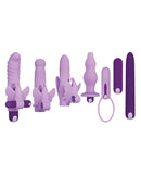 Evolved Lilac Desires Vibrator Purple 7 piece pleasure kit with interchangeable silicone sleeves and vibrating bullet.